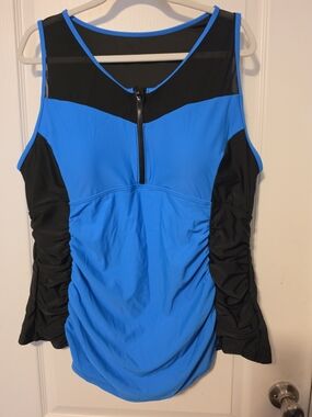 Blue and Black Ruched Swim-Tank with Front Zip.